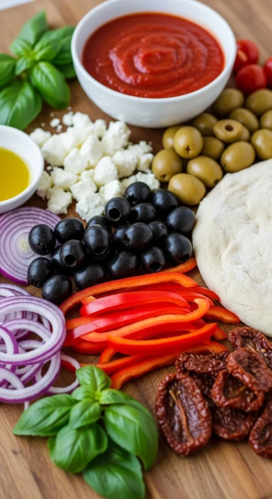 Mediterranean Pizza: Sunshine on a Sheet Pan 3 Mediterranean Pizza ingredients