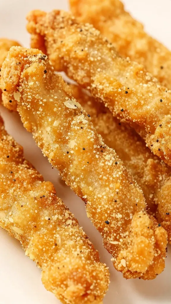 Chickies and Petes Crabfries Recipe: Crispy Bliss Tonight 3 closeup of crispy chicken tenders dusted with seasoning
