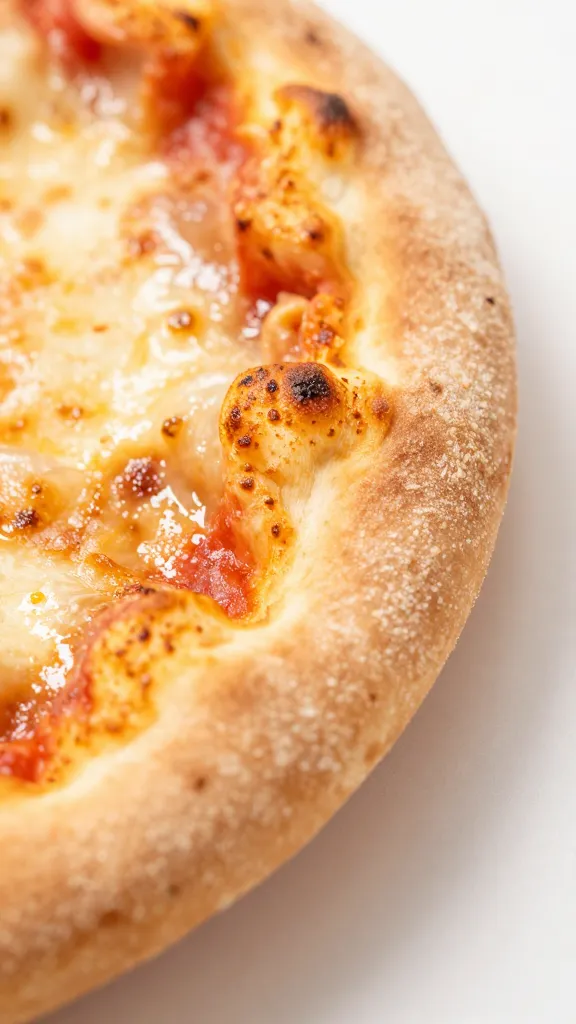 Macro shot of a single mini pizza crust edge with golden browning