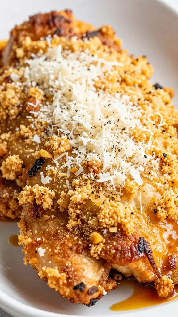 Closeup shot of golden crusted chicken parmesan with parmesan dusting