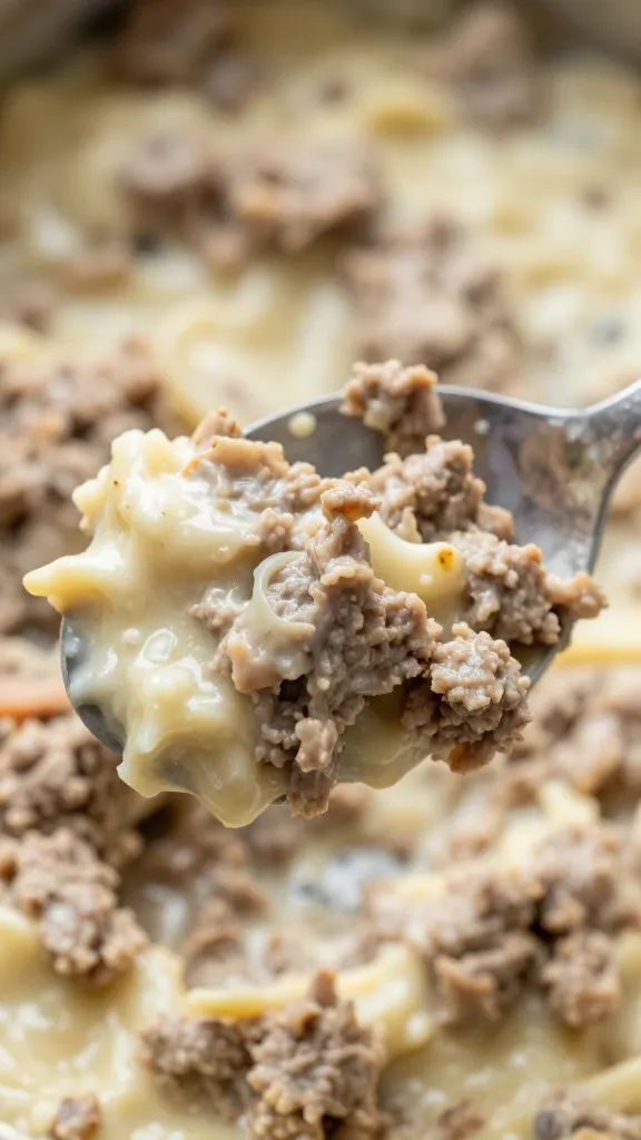 closeup of spoon scooping creamy meat-and-minish casserole texture
