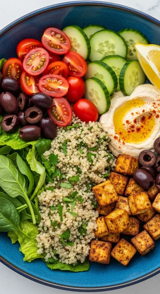 Harissa Tofu Mediterranean Bowl With Lemon Caper Glaze