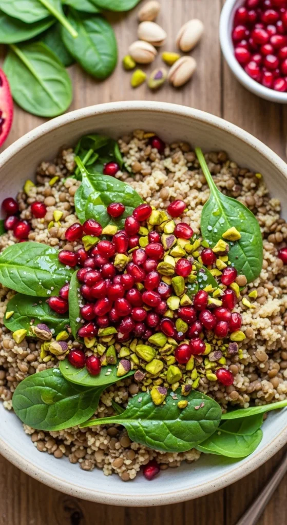 Lentil Couscous Bowls With Spinach, Pomegranate, And Pistachio Crunch