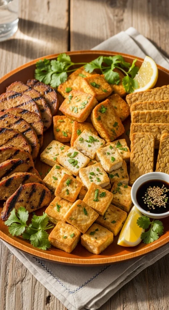 Seitan, tofu, and tempeh